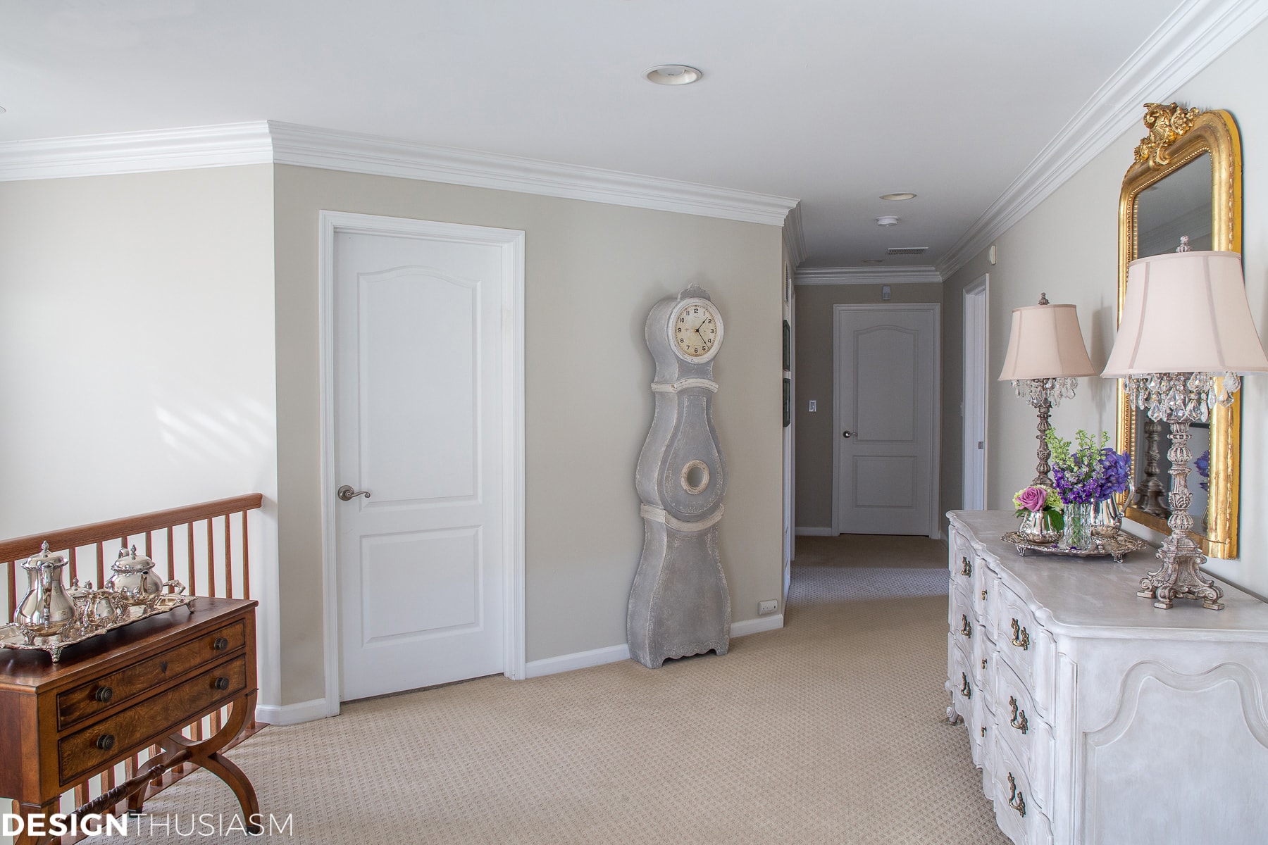 upstairs hallway with vintage french painted dresser