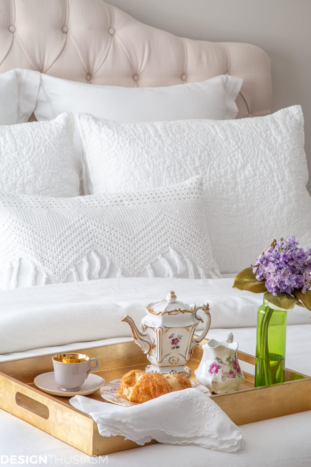 luxury white bedding with breakfast tray