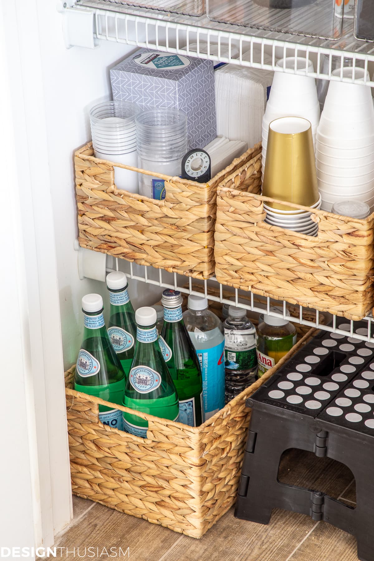 pantry organization with water hyacinth bins
