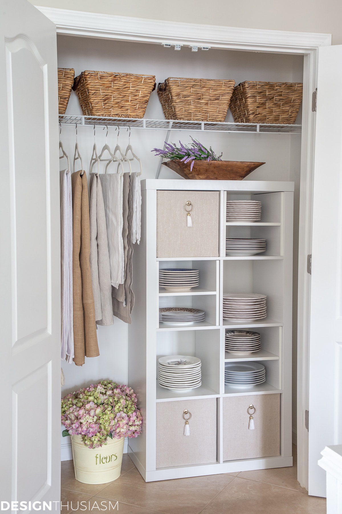 DIY closet shelving unit with plate storage