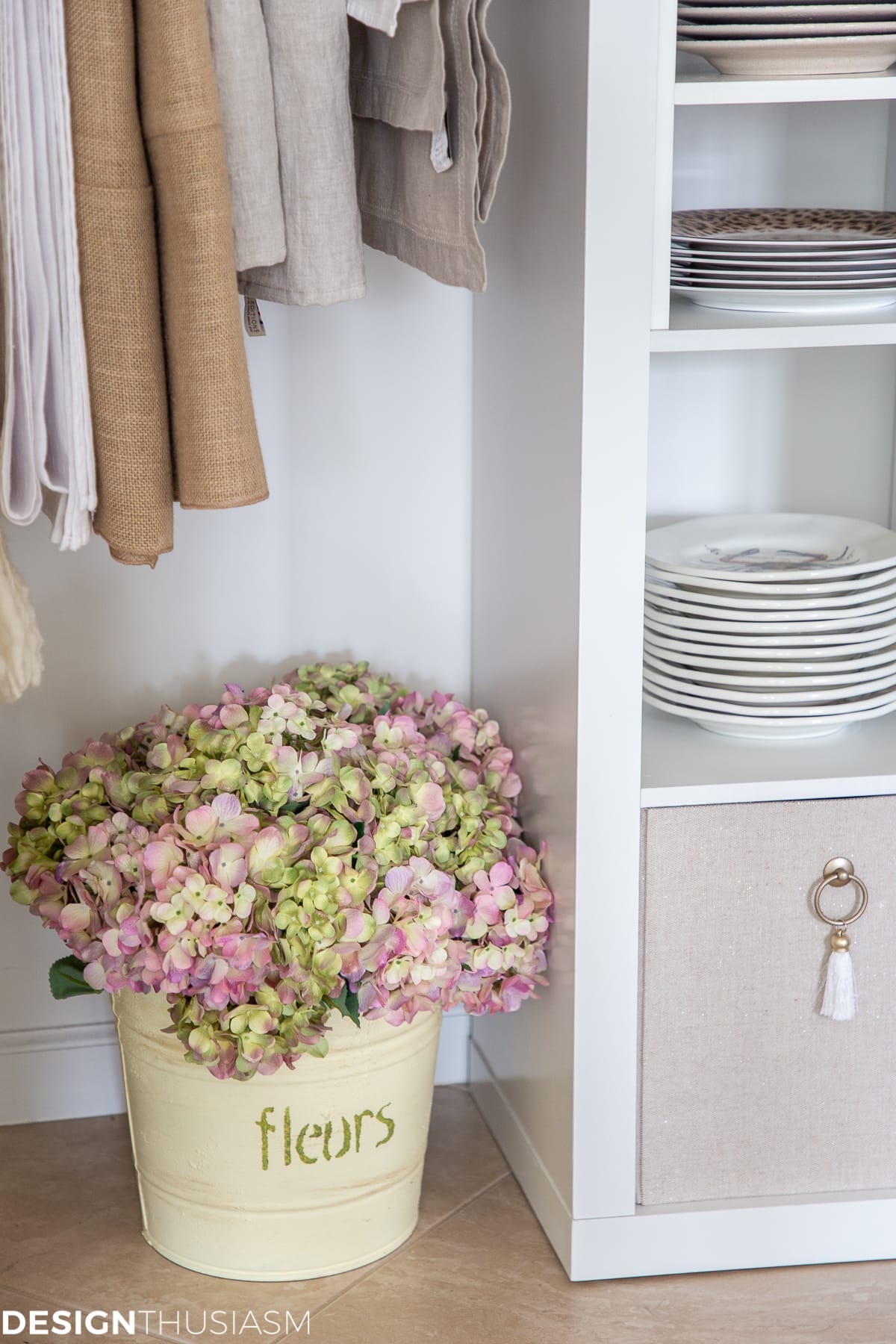 hydrangeas in dish closet