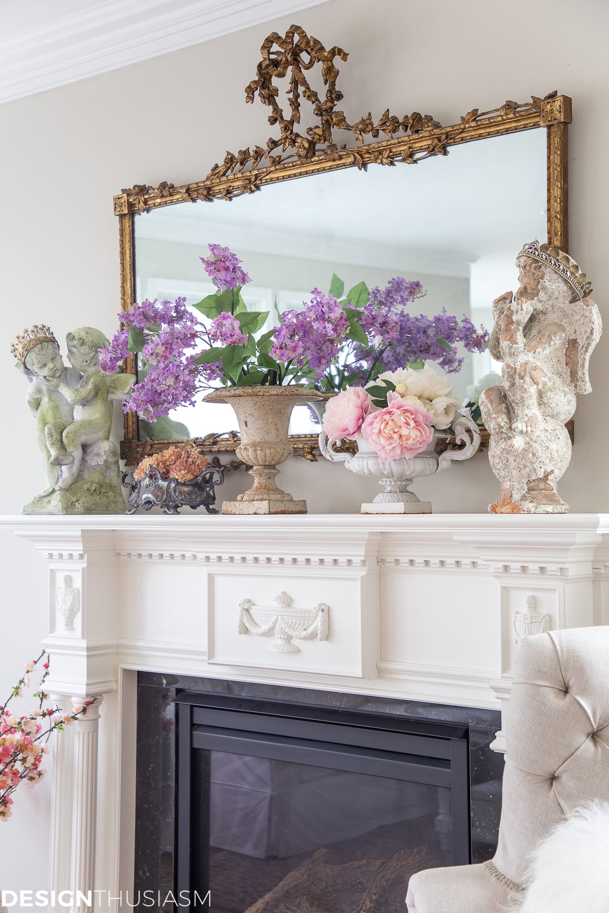spring garden decor on the mantel