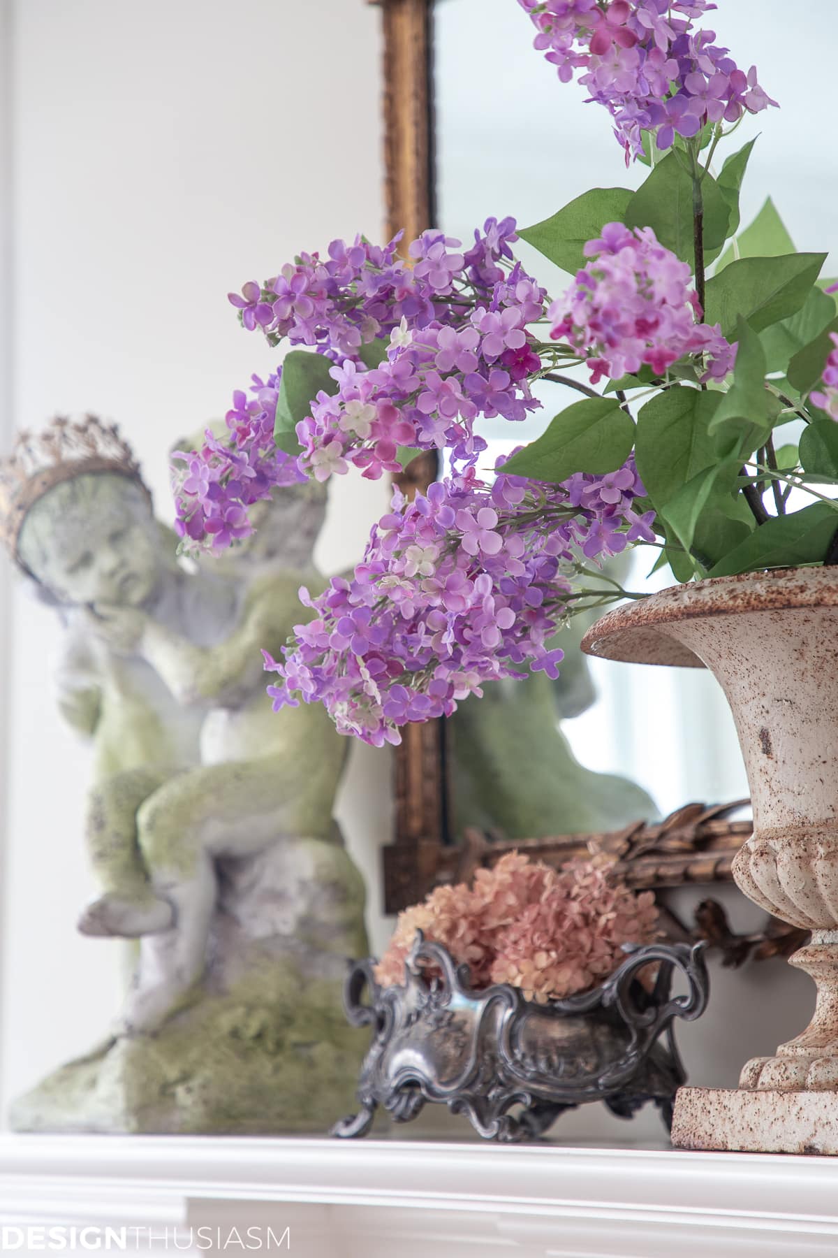 spring decor flowers on the mantel