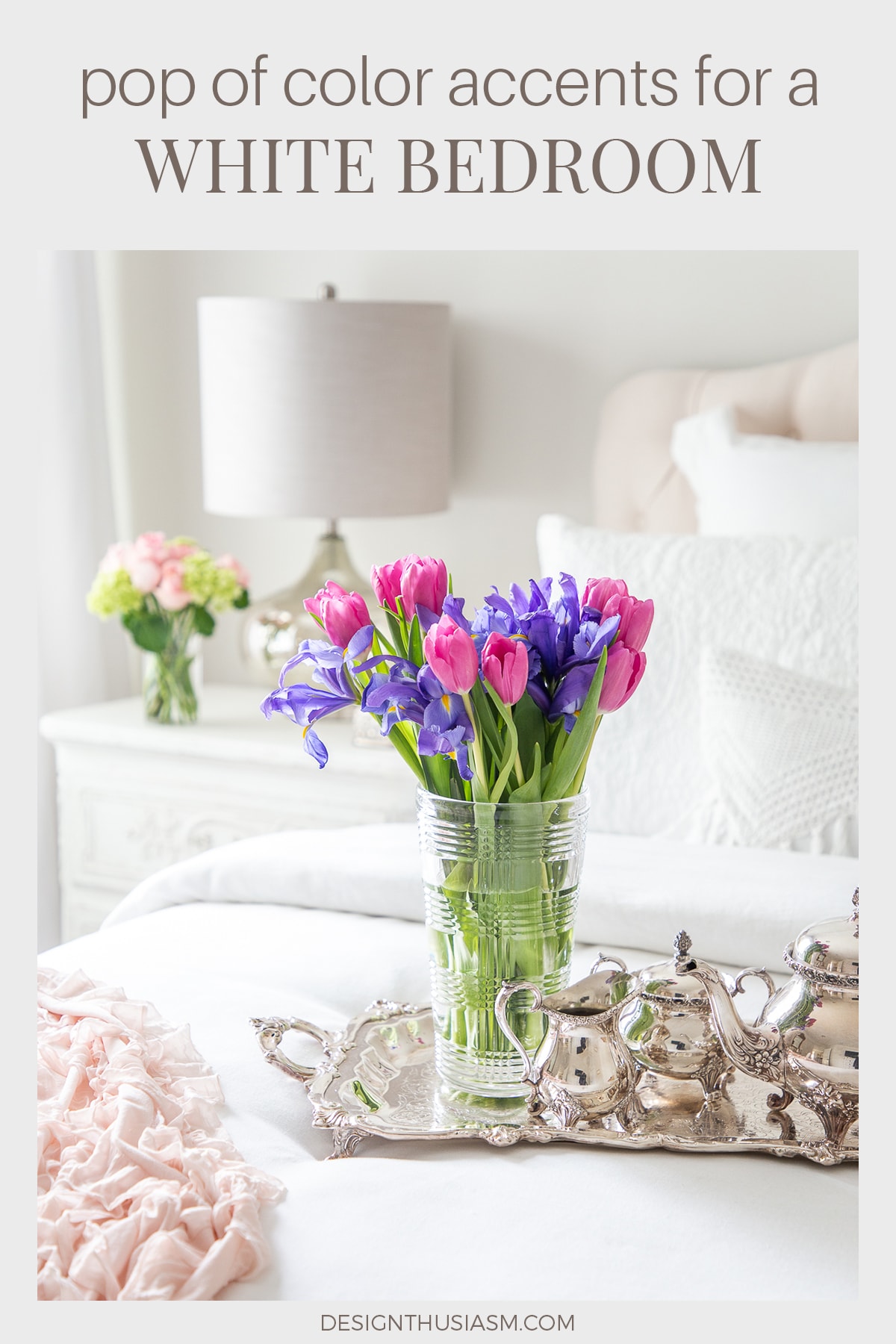 White Bedroom with pops of color accents