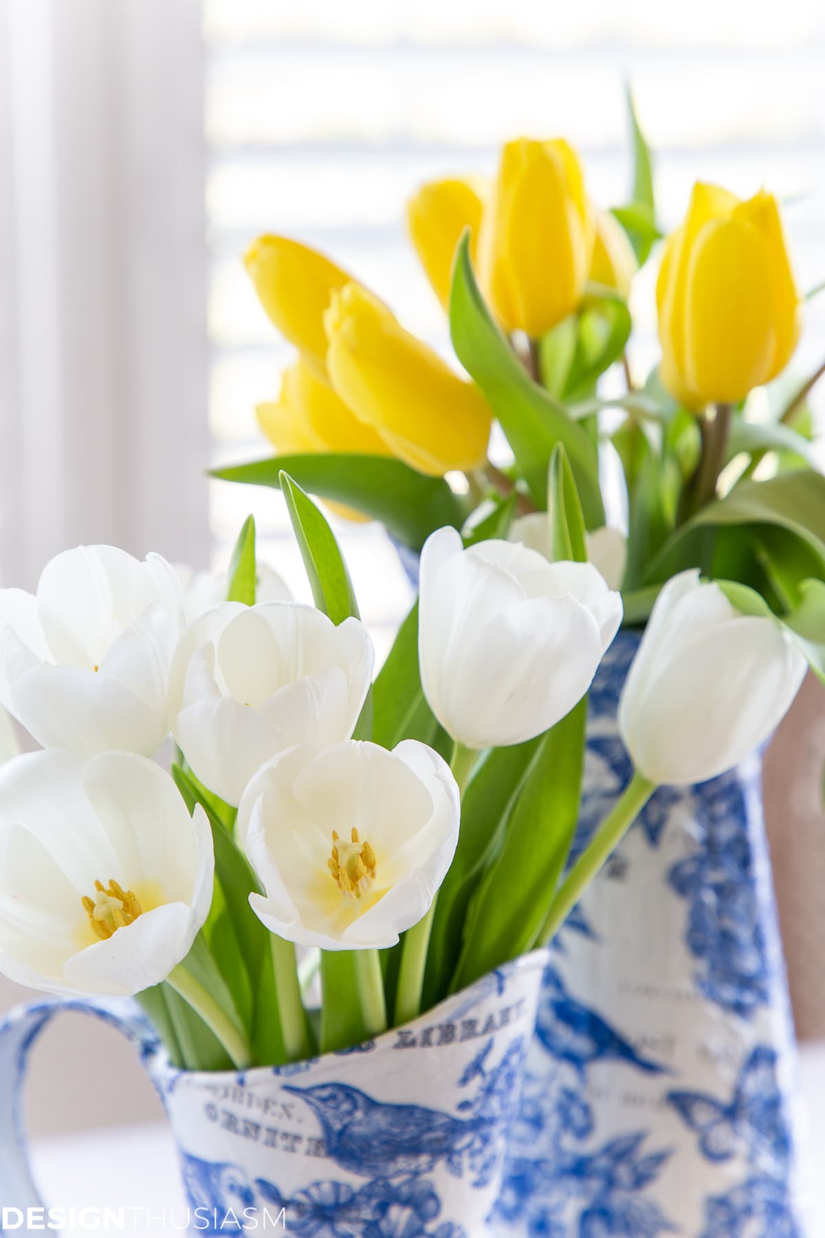 blue and white spring decor with tulips