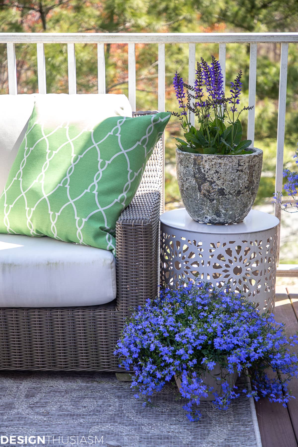 patio decor planter, ends table and pillow