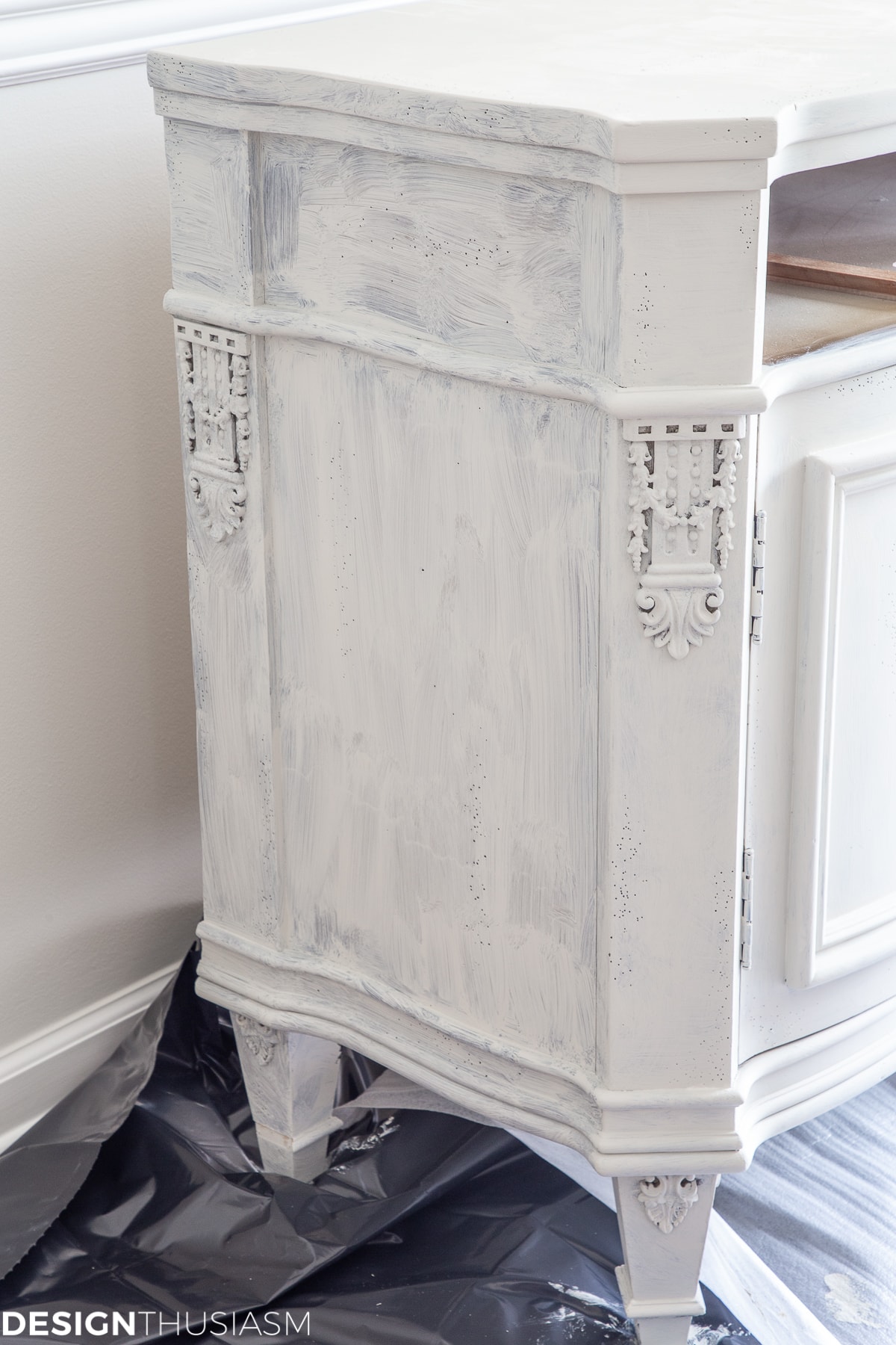 white chalk paint vintage sideboard first coat
