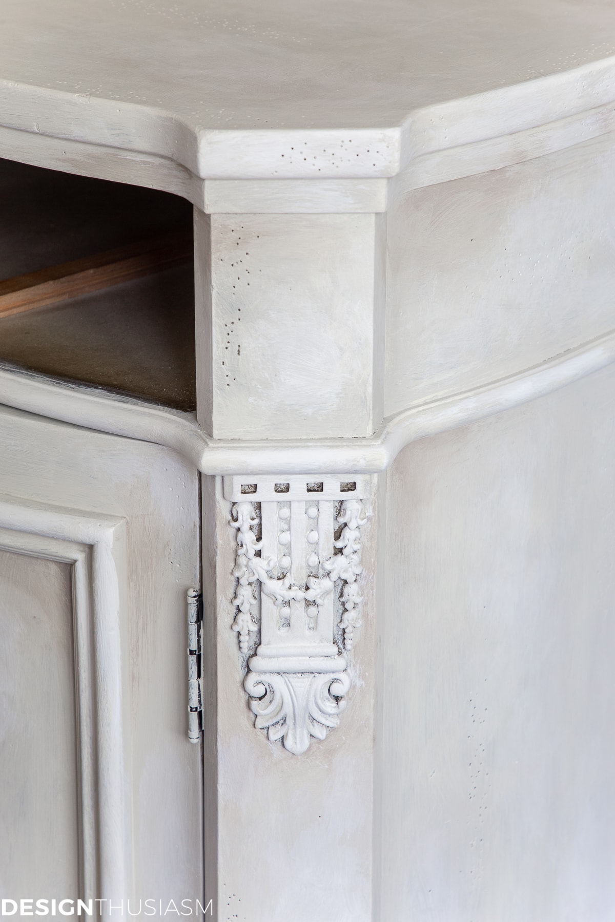 white chalk paint vintage sideboard closeup
