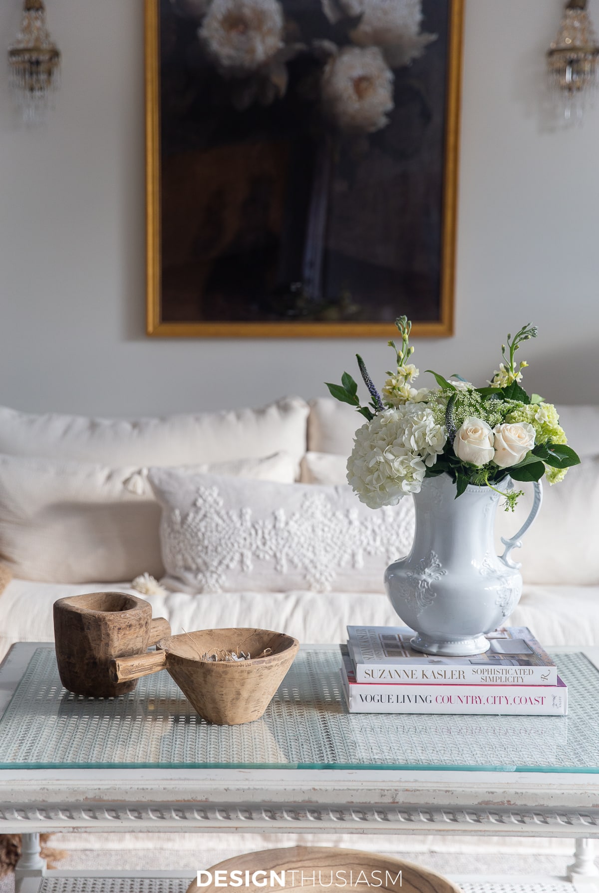 french coffee table with vase of flowers