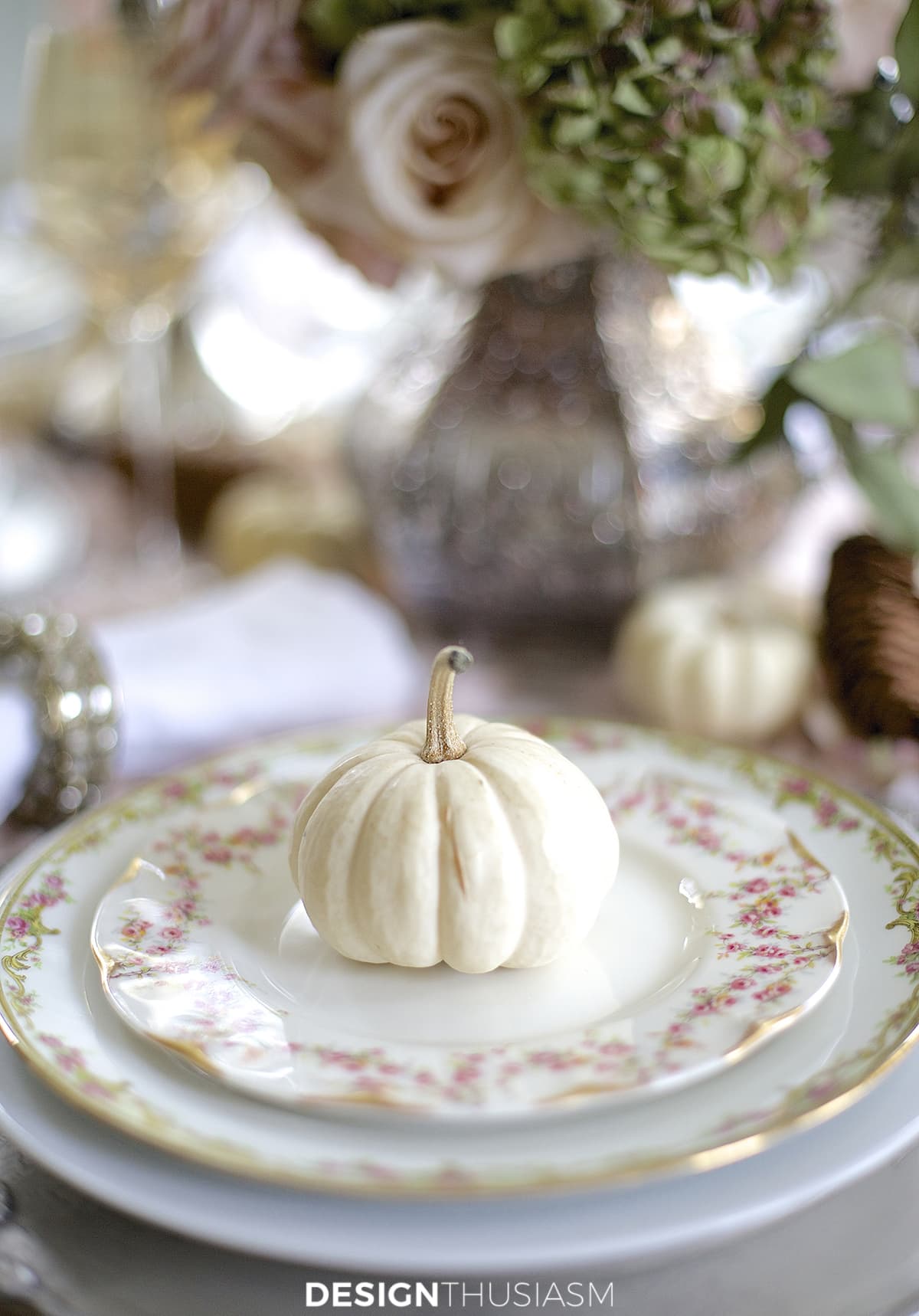 fall table decorations with white pumpkin