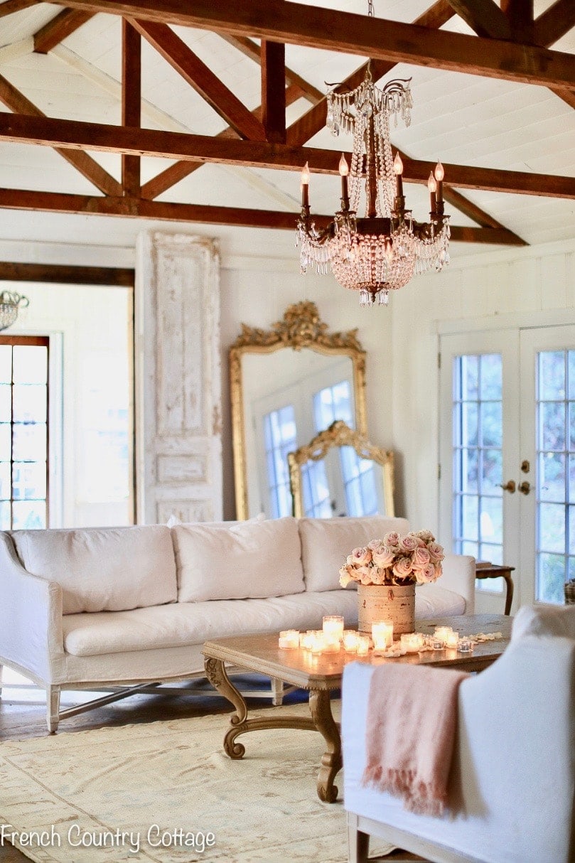 French country cottage living room winter decorating