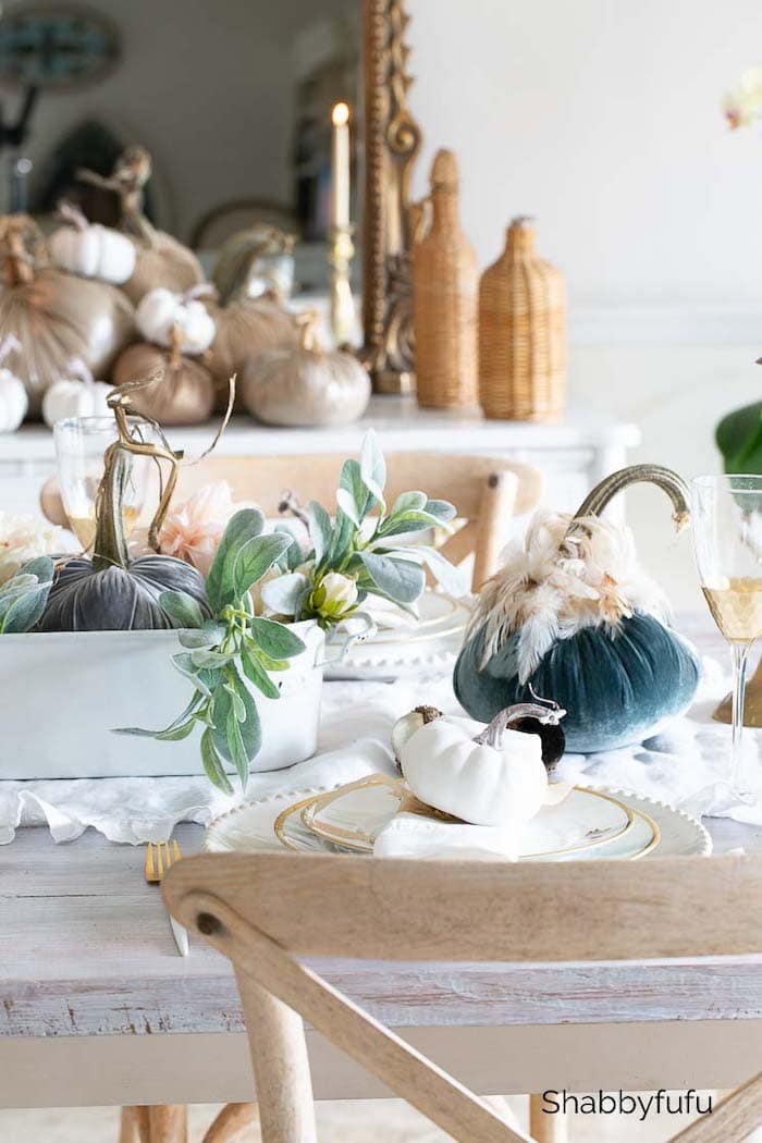 Shabbyfufu velvet pumpkins early fall tablescape