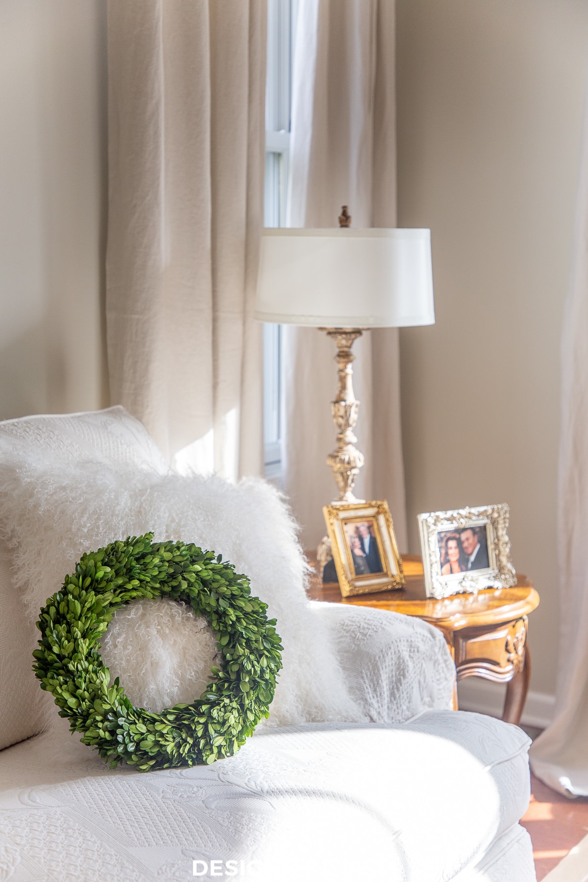 boxwood wreath in the living room