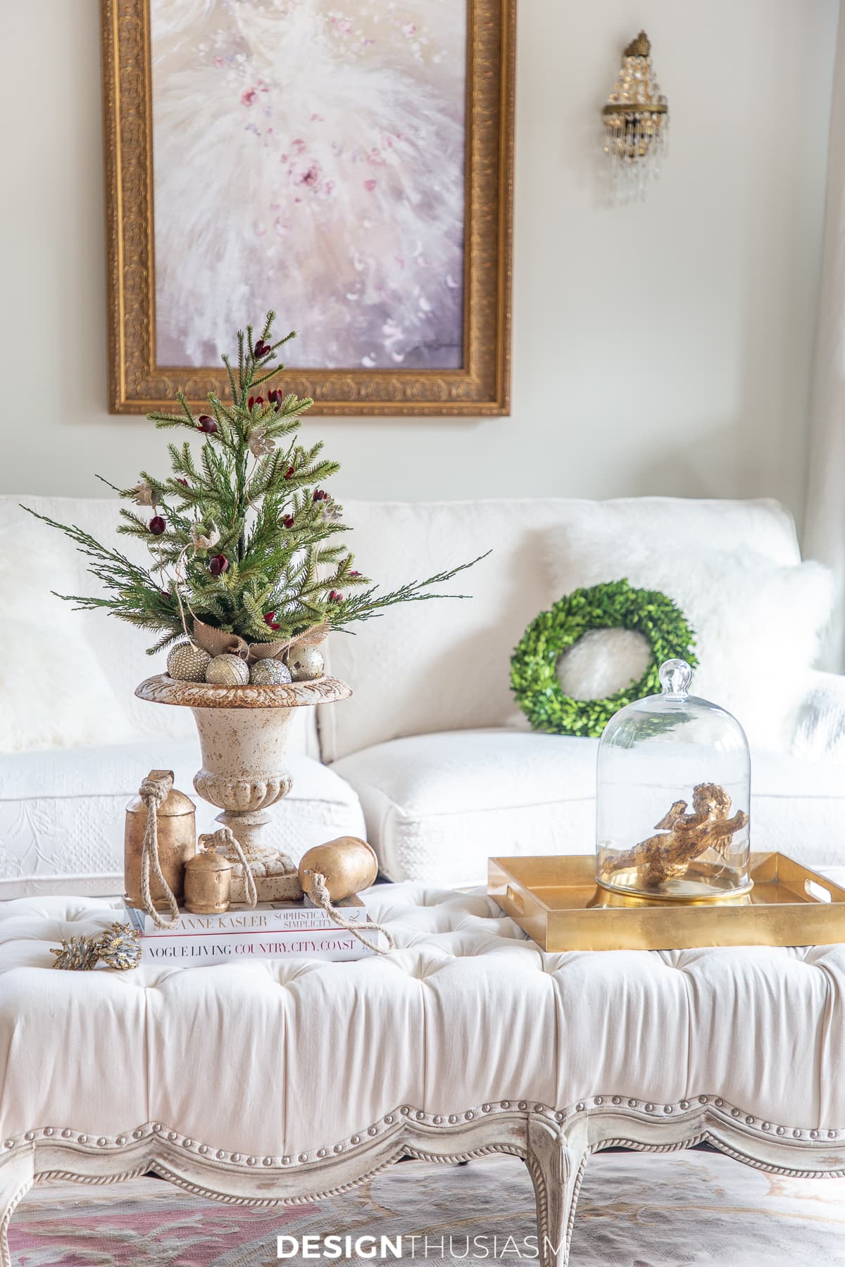 mini christmas tree on an ottoman