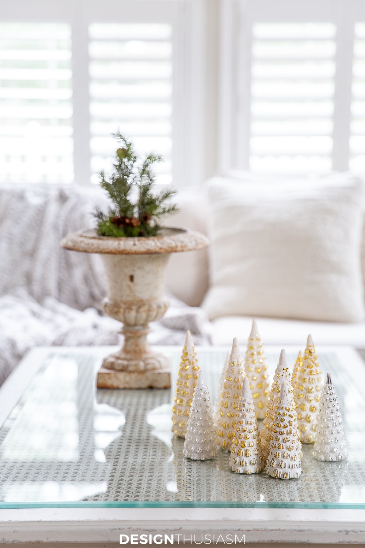 family room coffee table with painted glass trees