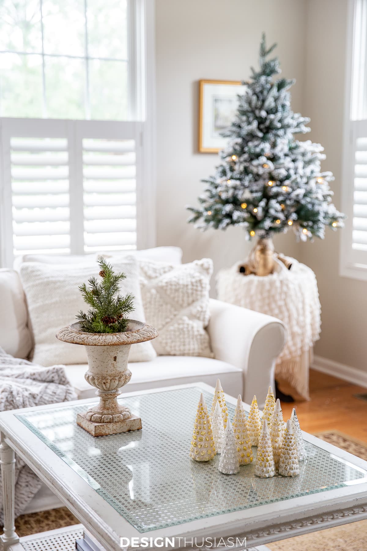 Christmas family room with mini tree in corner