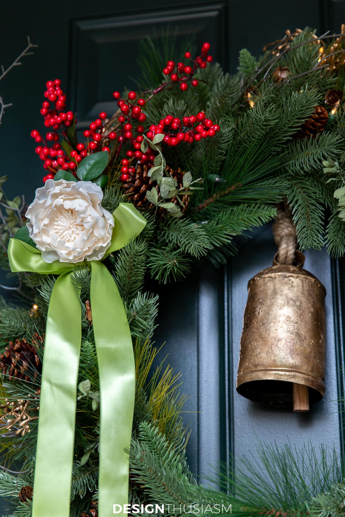 Christmas porch decorations wreath closeup