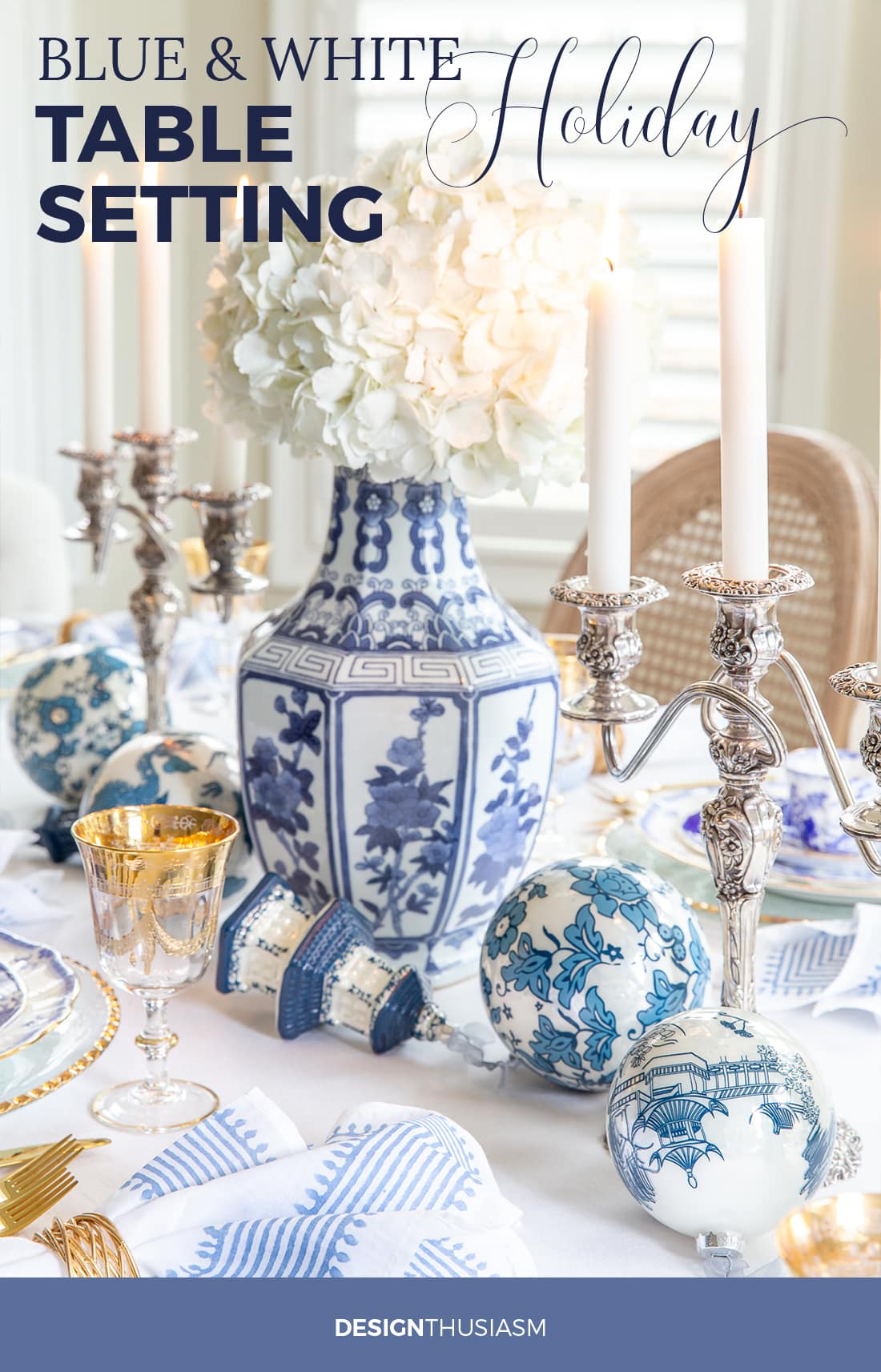 blue and white china holiday table setting