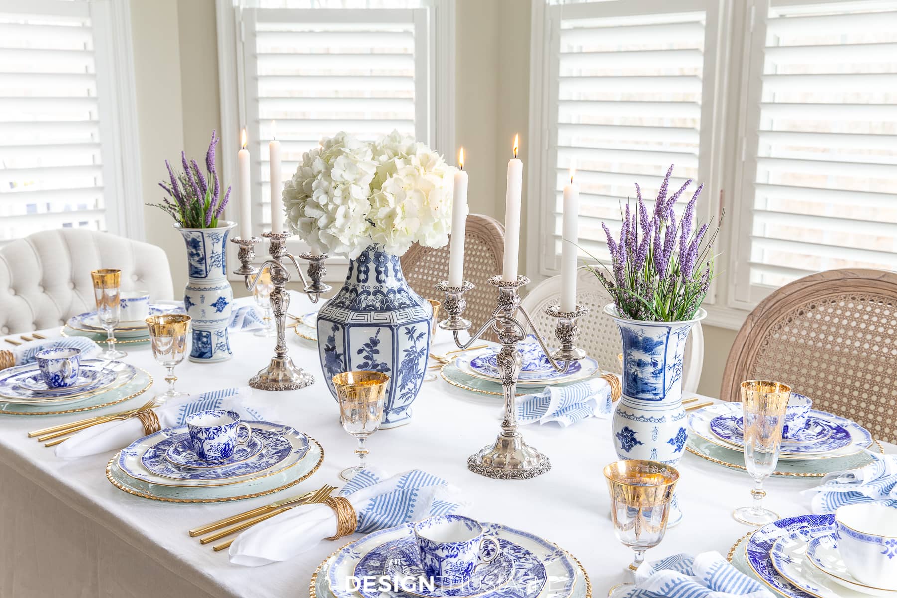 blue and white china holiday tablescape