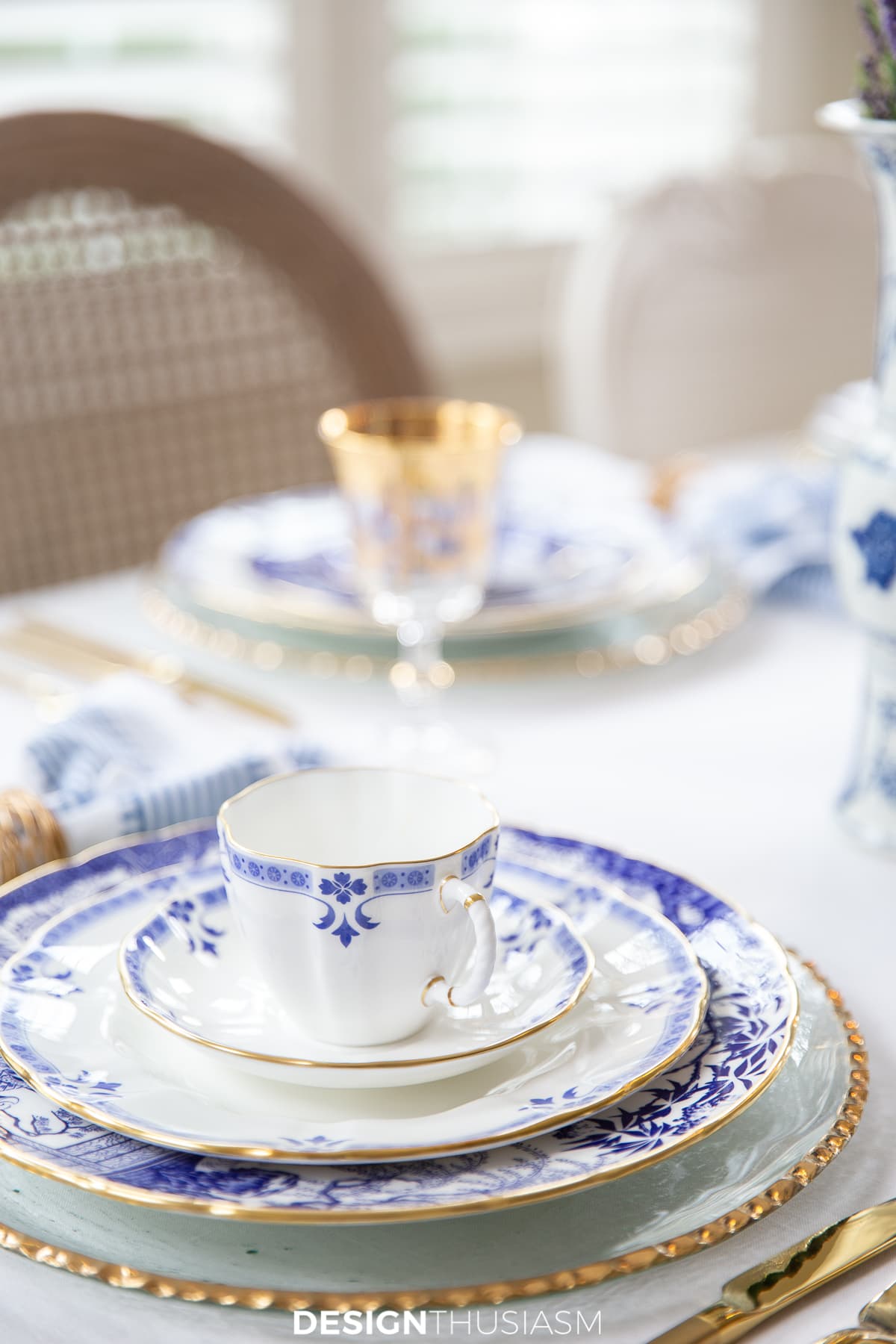 blue and white china place setting