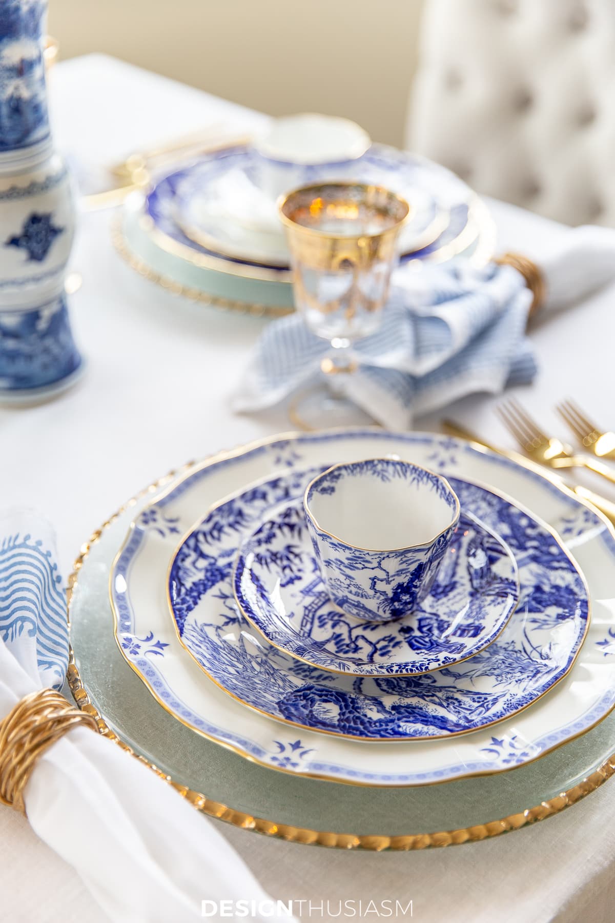 blue and white china table setting