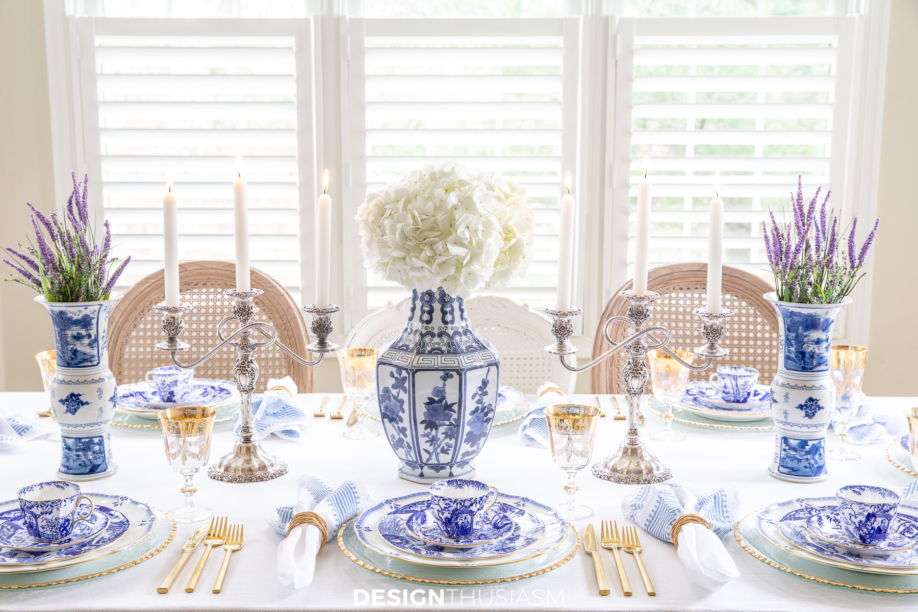 blue and white china table setting