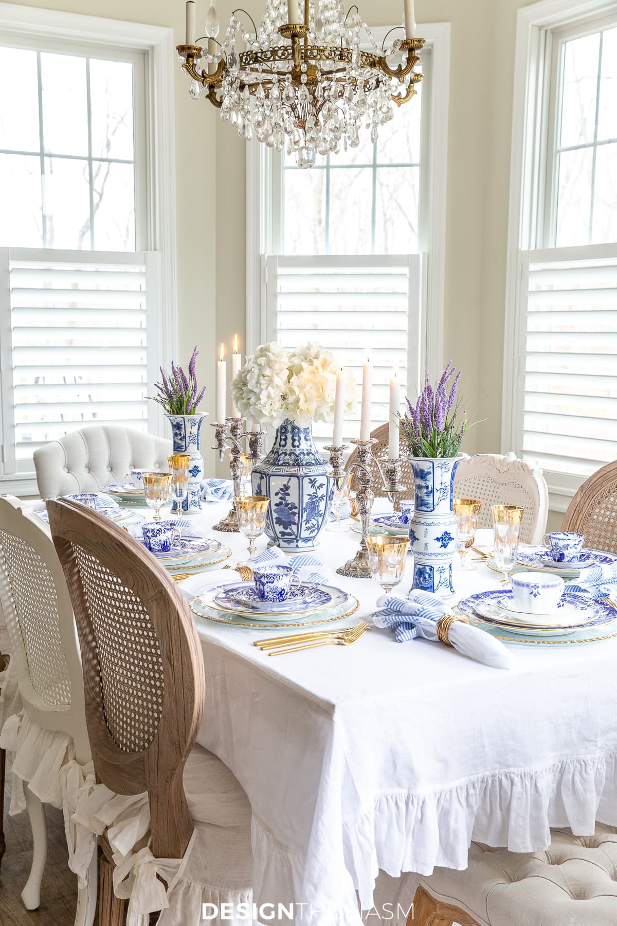 blue and white china holiday table setting