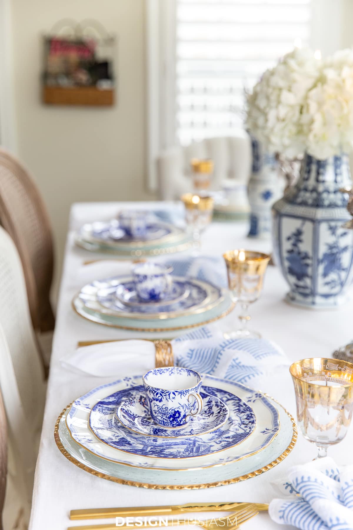 blue and white china table setting side view