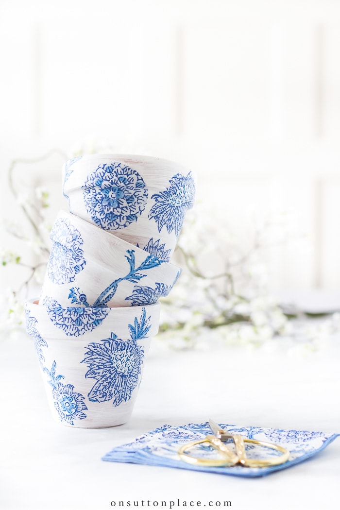 DIY Mod Podge Terra Cotta Pots from On Sutton Place