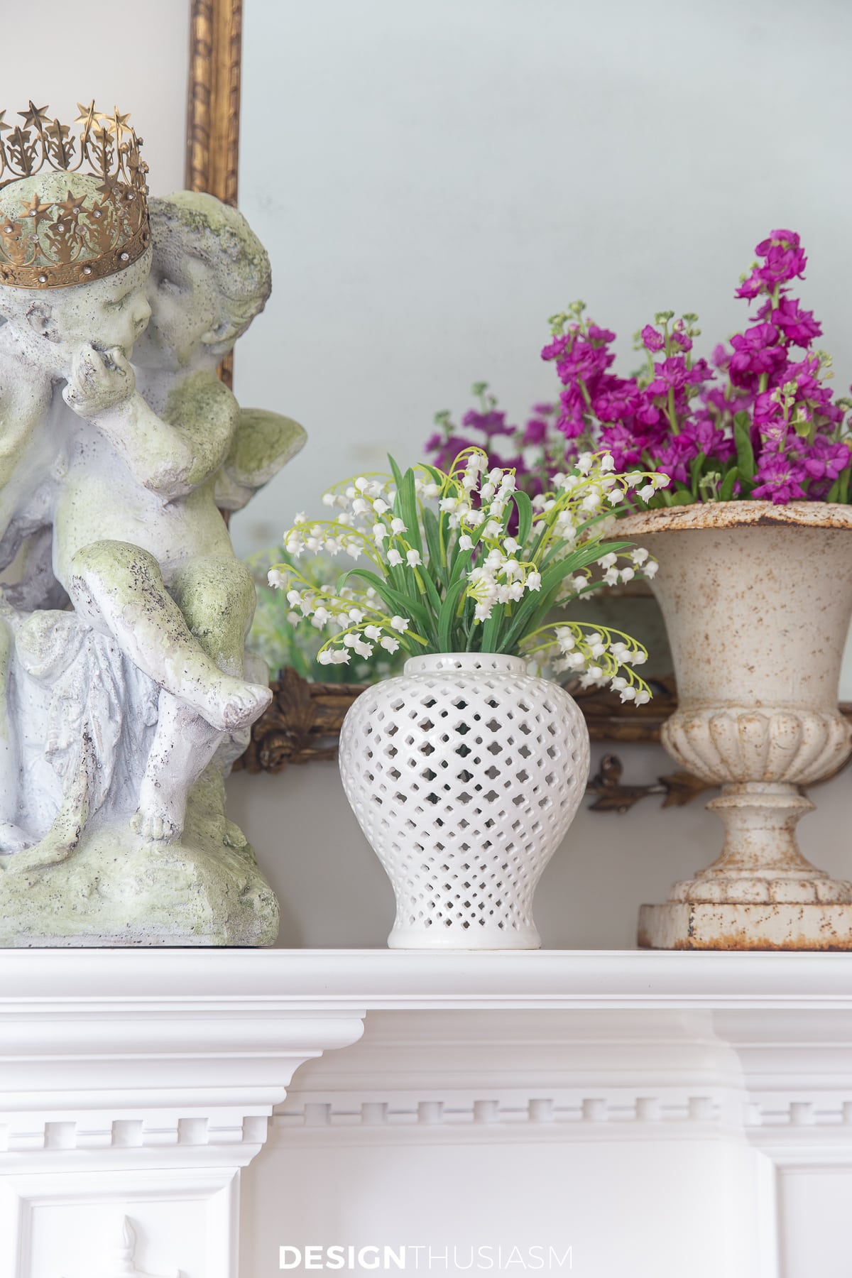 spring garden decor on the mantel