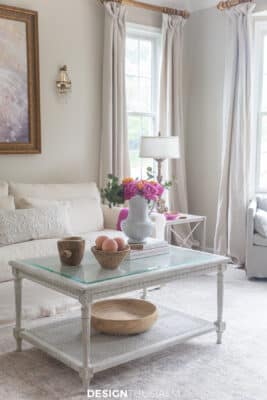 summer living room with pink and orange accents