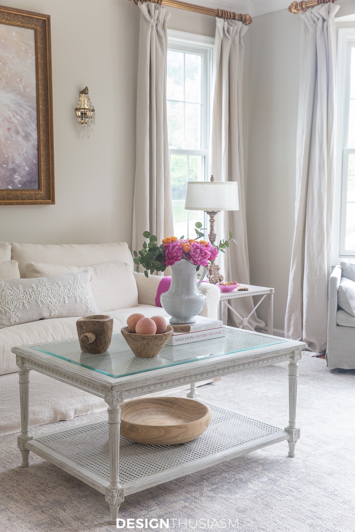 summer living room with pink and orange accents