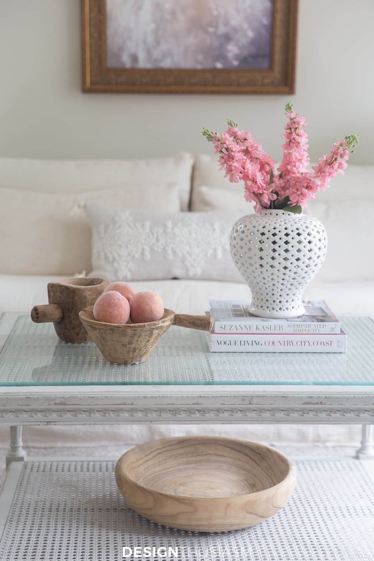 summer living room peaches on the coffee table