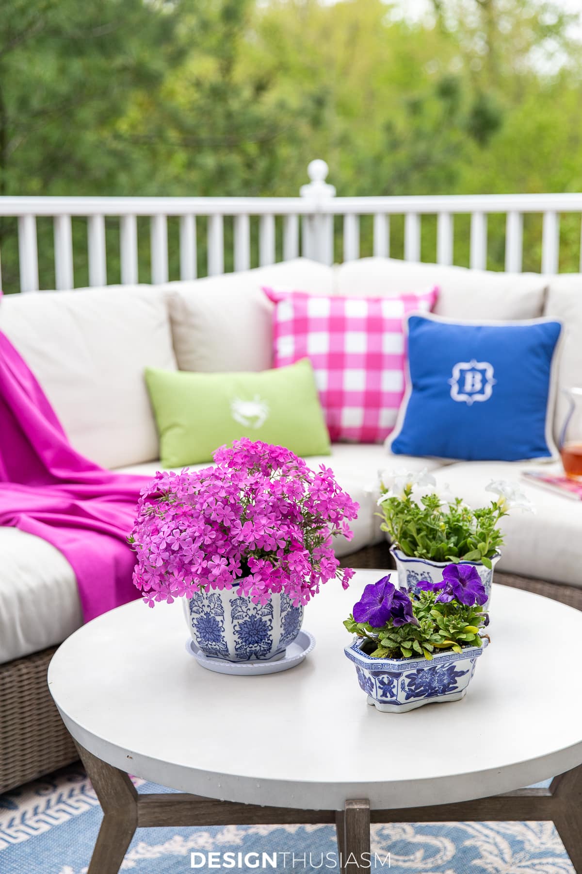 patio furniture with bright pillows