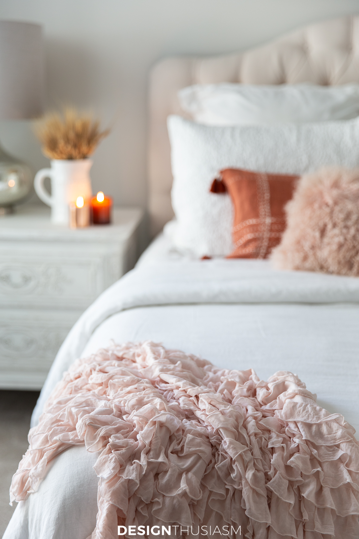 Fall bedroom decor with blush pink