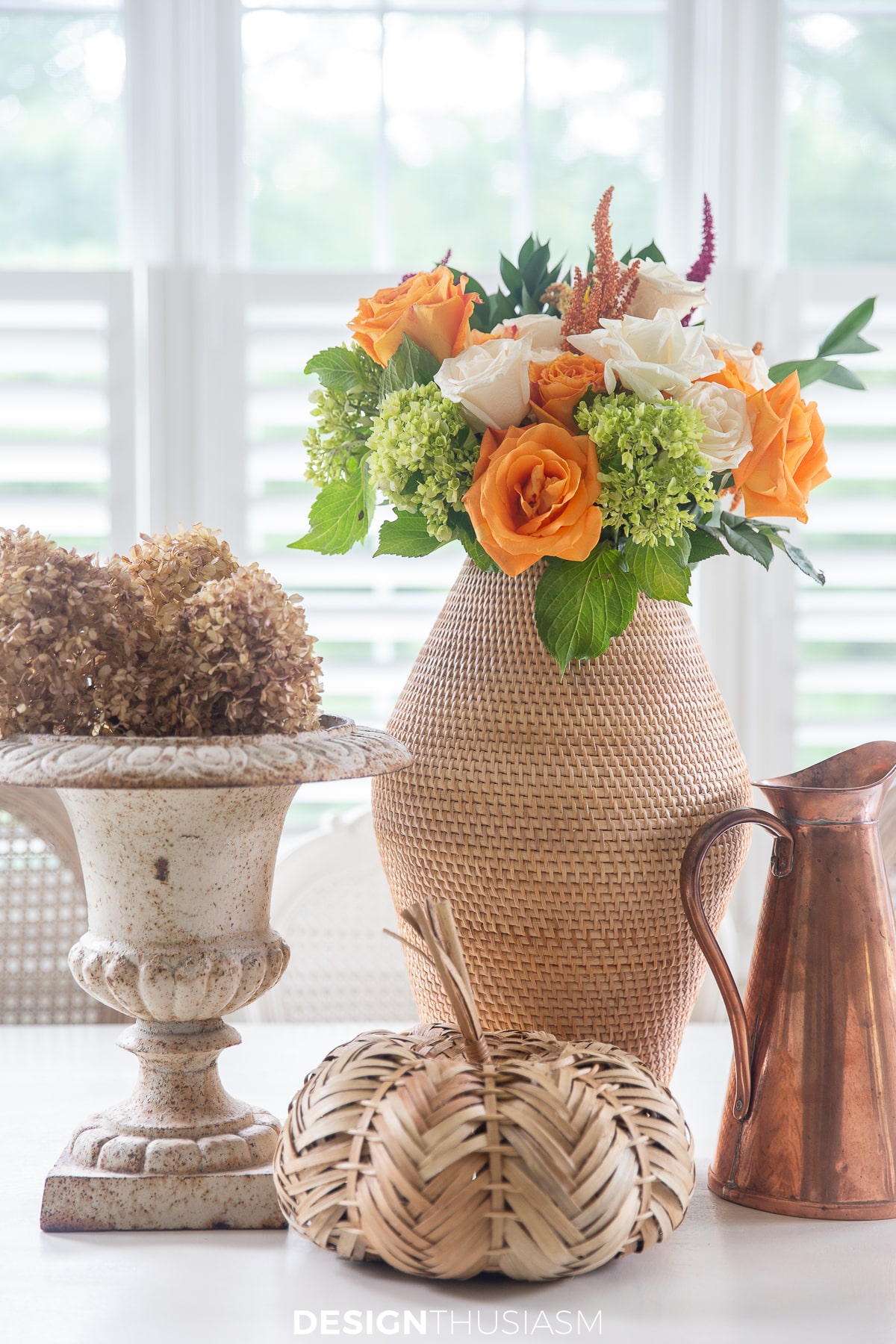 rattan vase, vintage garden urn, copper pitcher and rattan pumpkin fall decor 