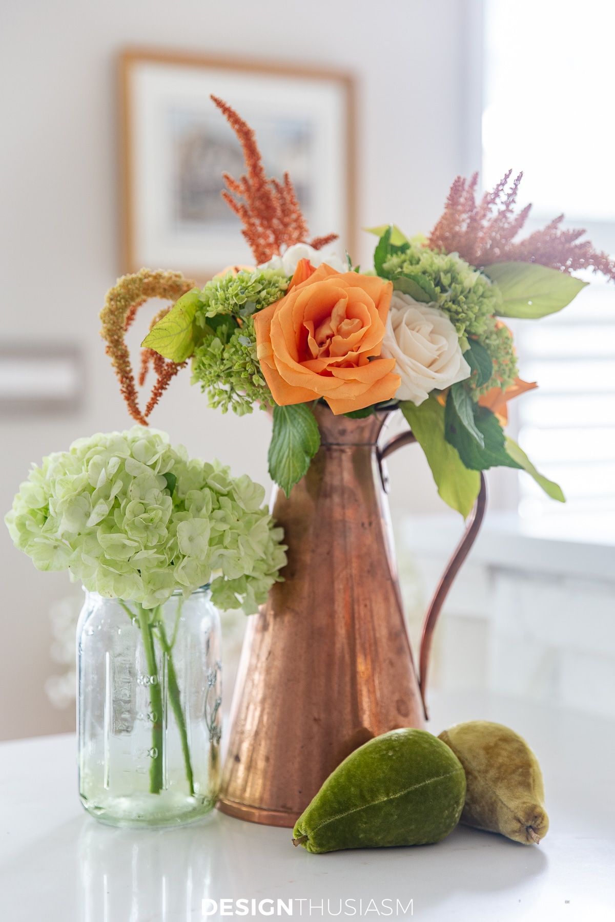 fall floral in copper pitcher with velvet pears