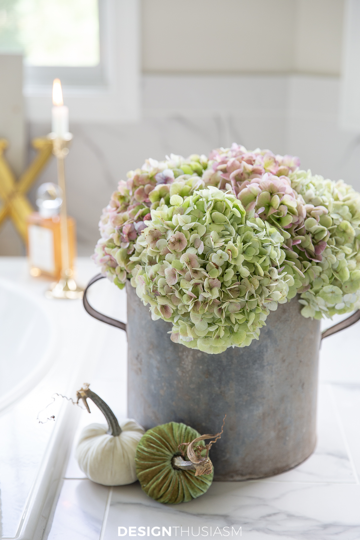 fall bathroom hydrangeas