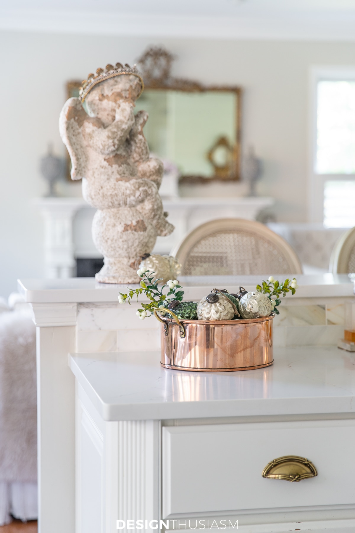 Christmas kitchen copper planter with ornaments