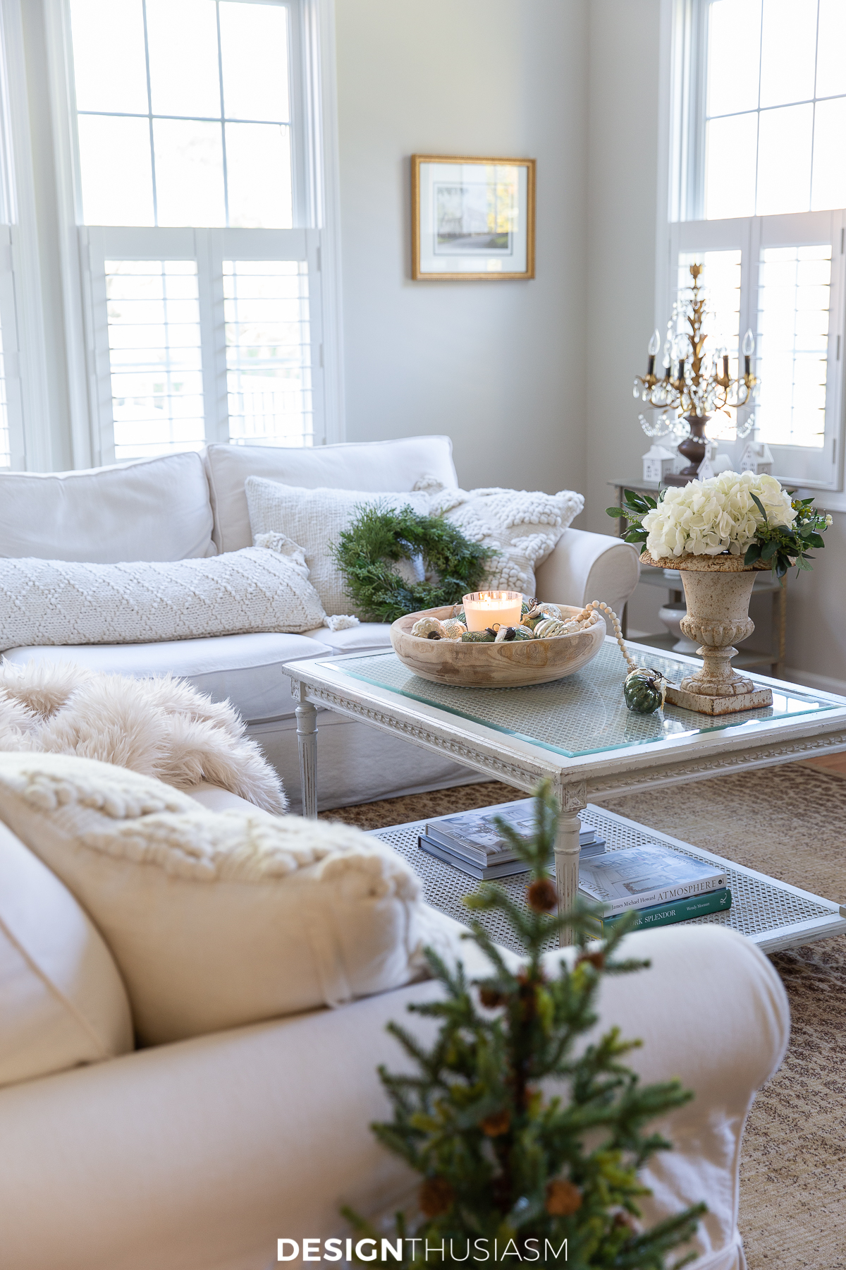 holiday family room with greenery and organics