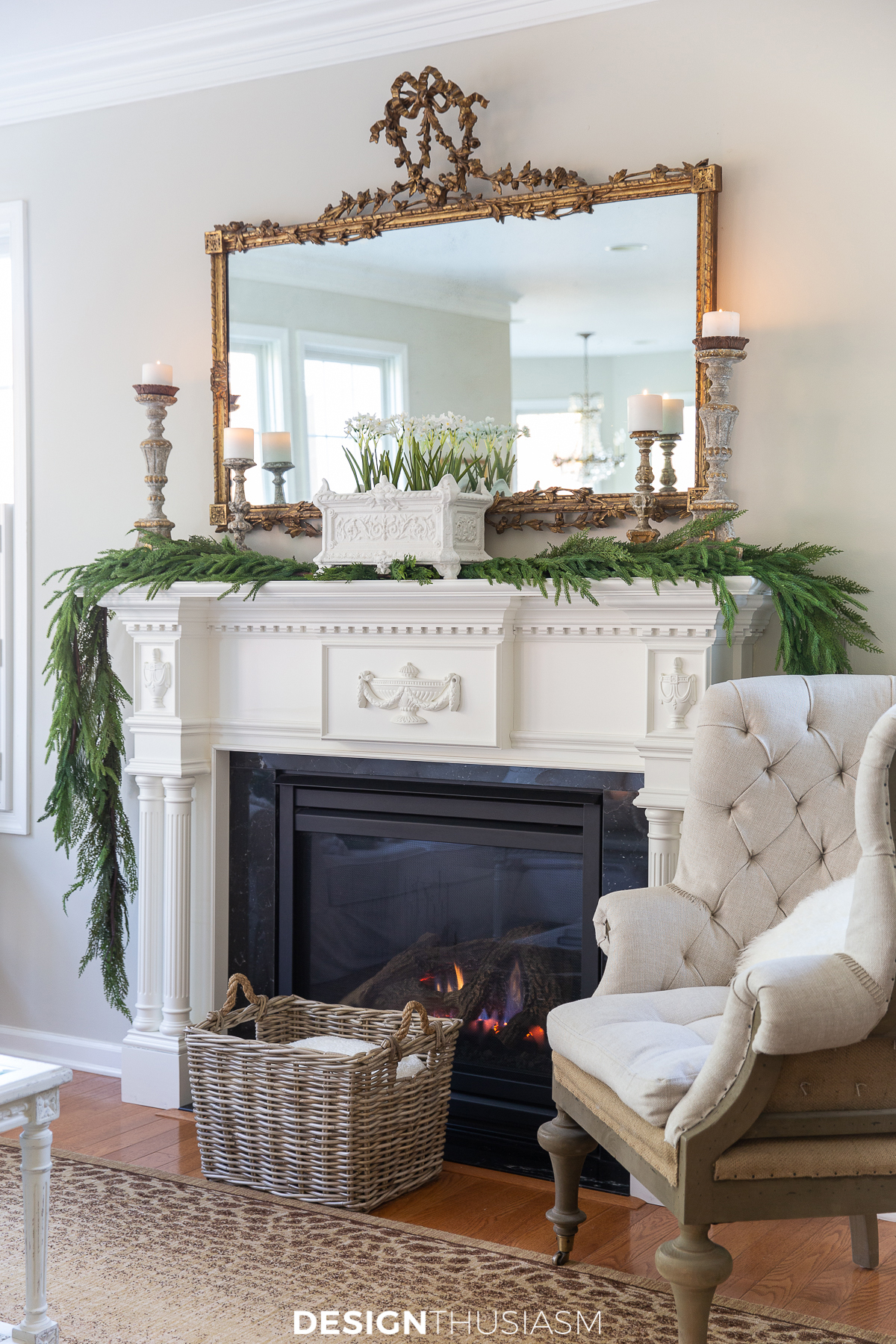holiday family room with mantel garland