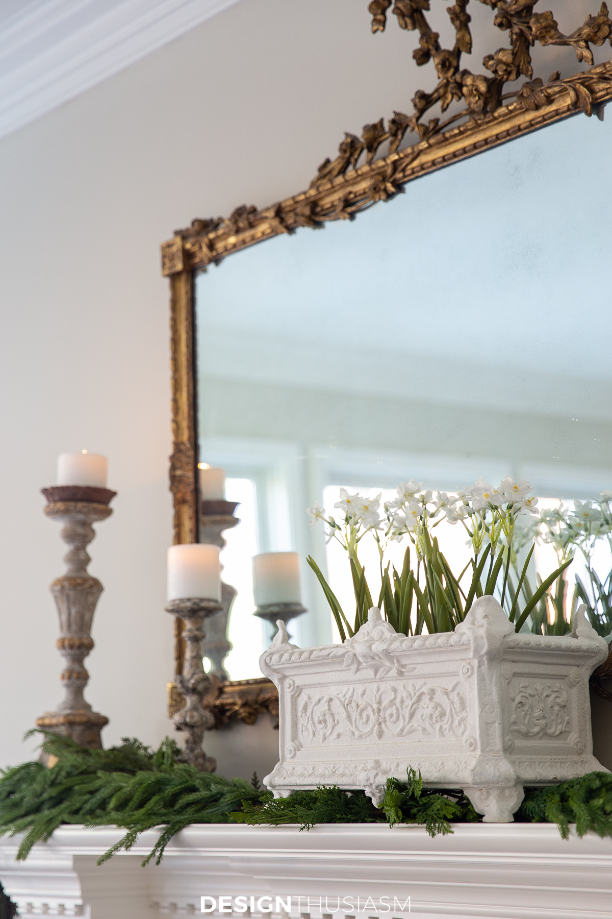 holiday family room with paper whites in vintage planter