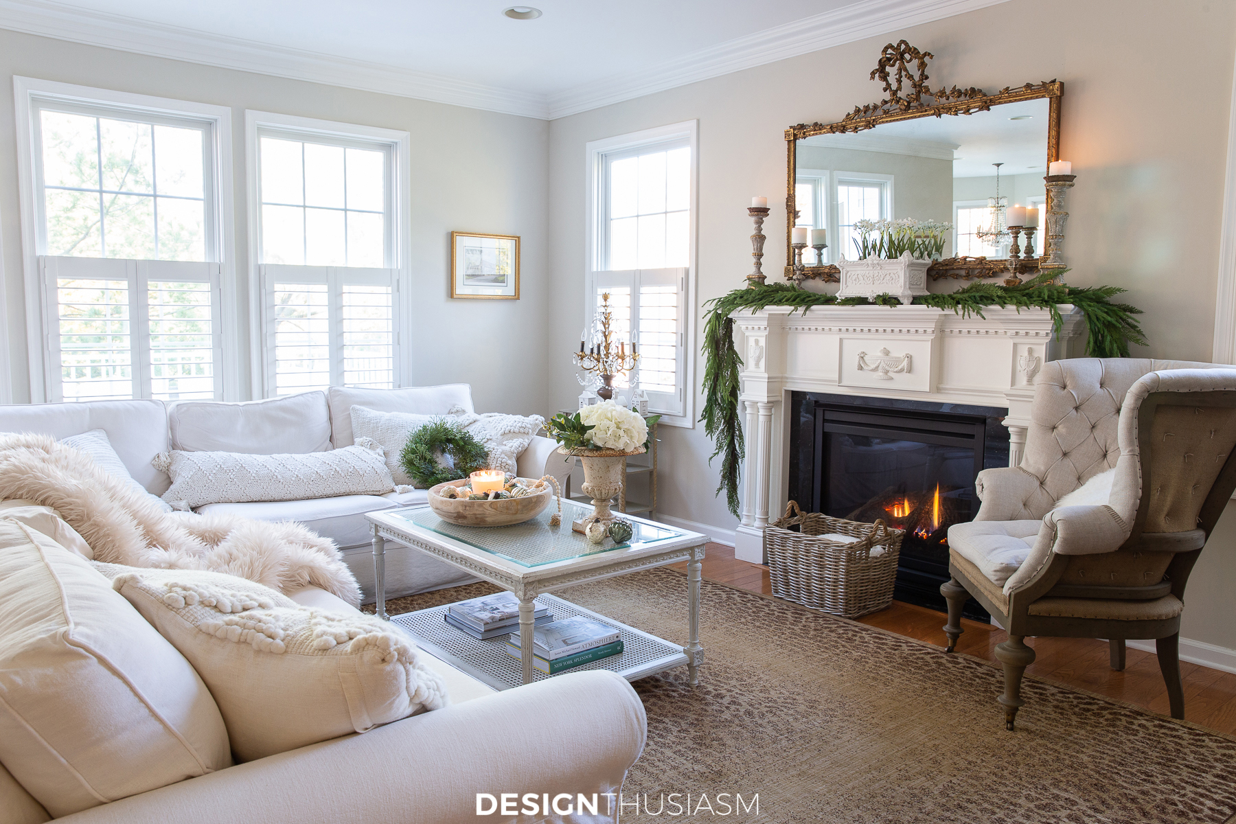 holiday family room with greenery and naturals