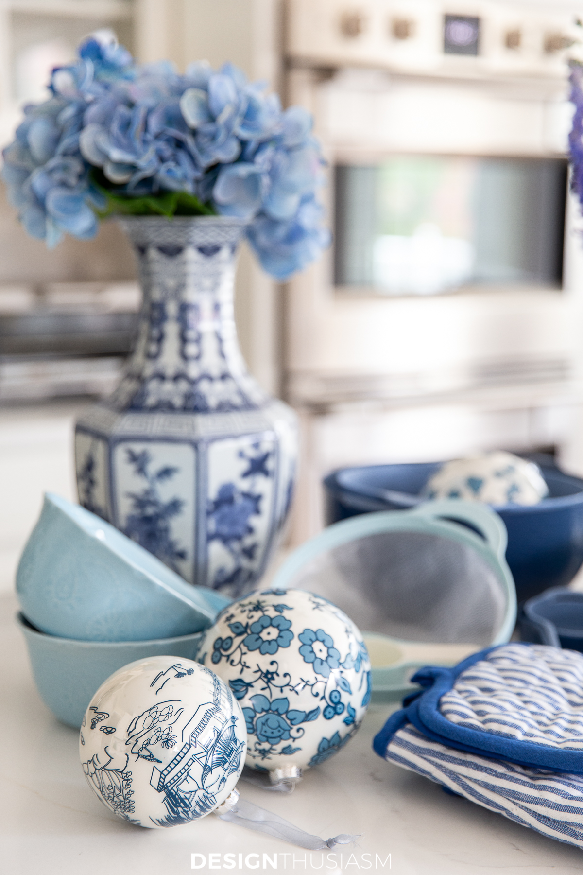 blue and white holiday kitchenware