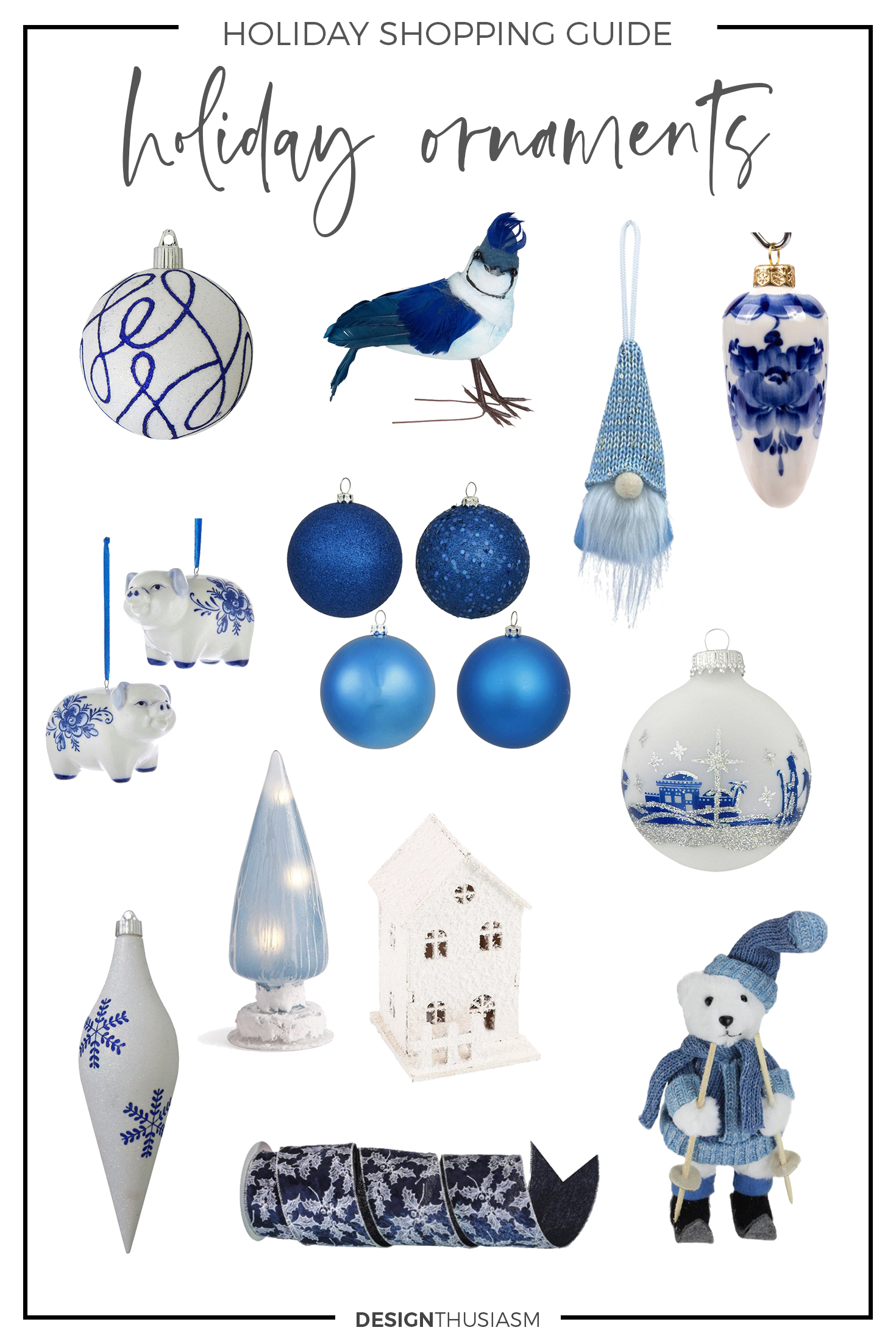 blue and white holiday ornaments