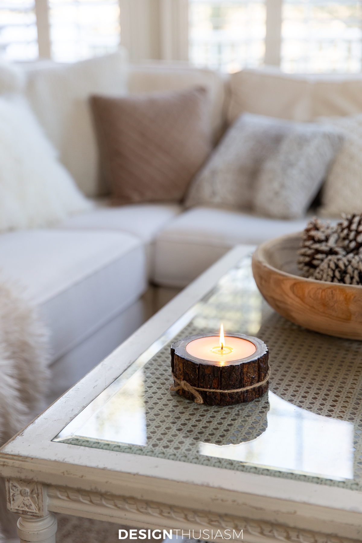 winter decor bark candle