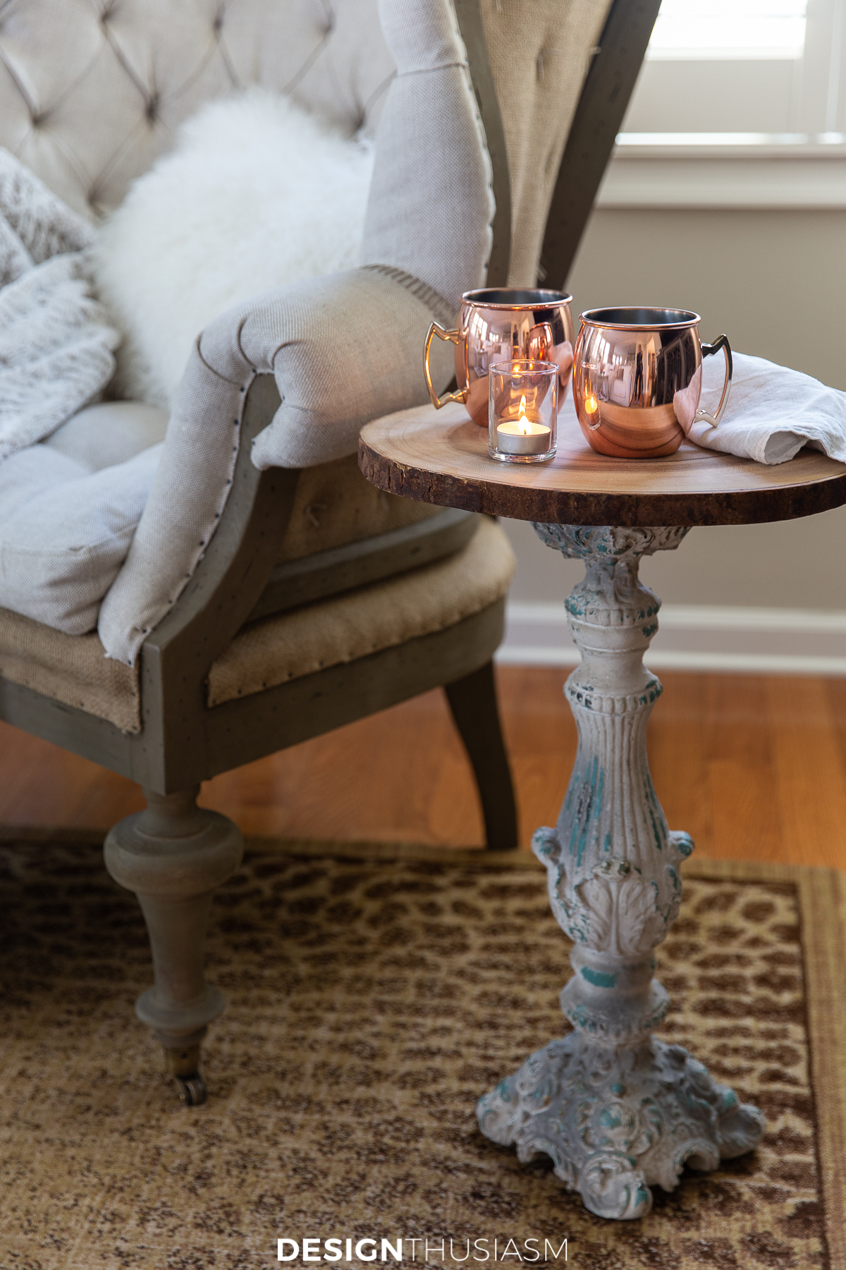 winter decor bark tray and copper mugs
