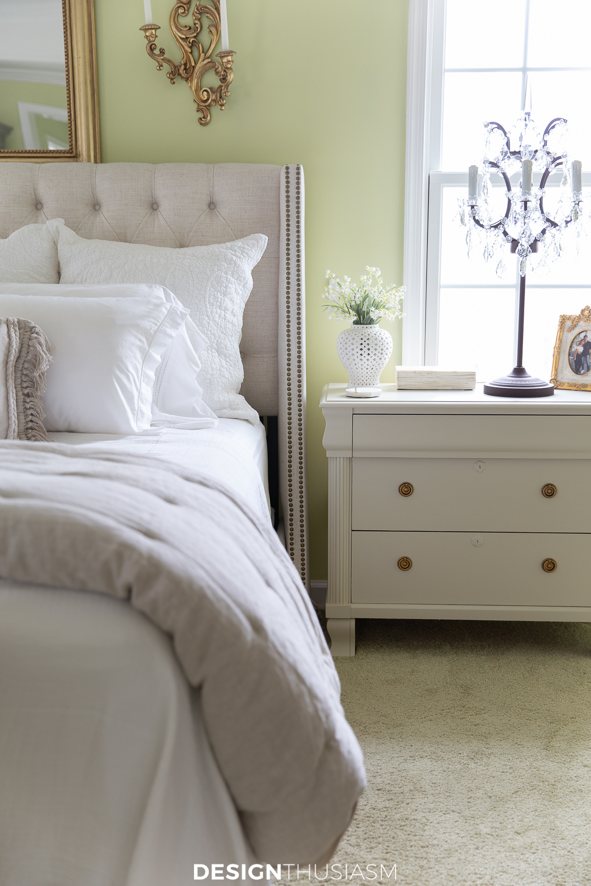 updated bedroom with new painted nightstand