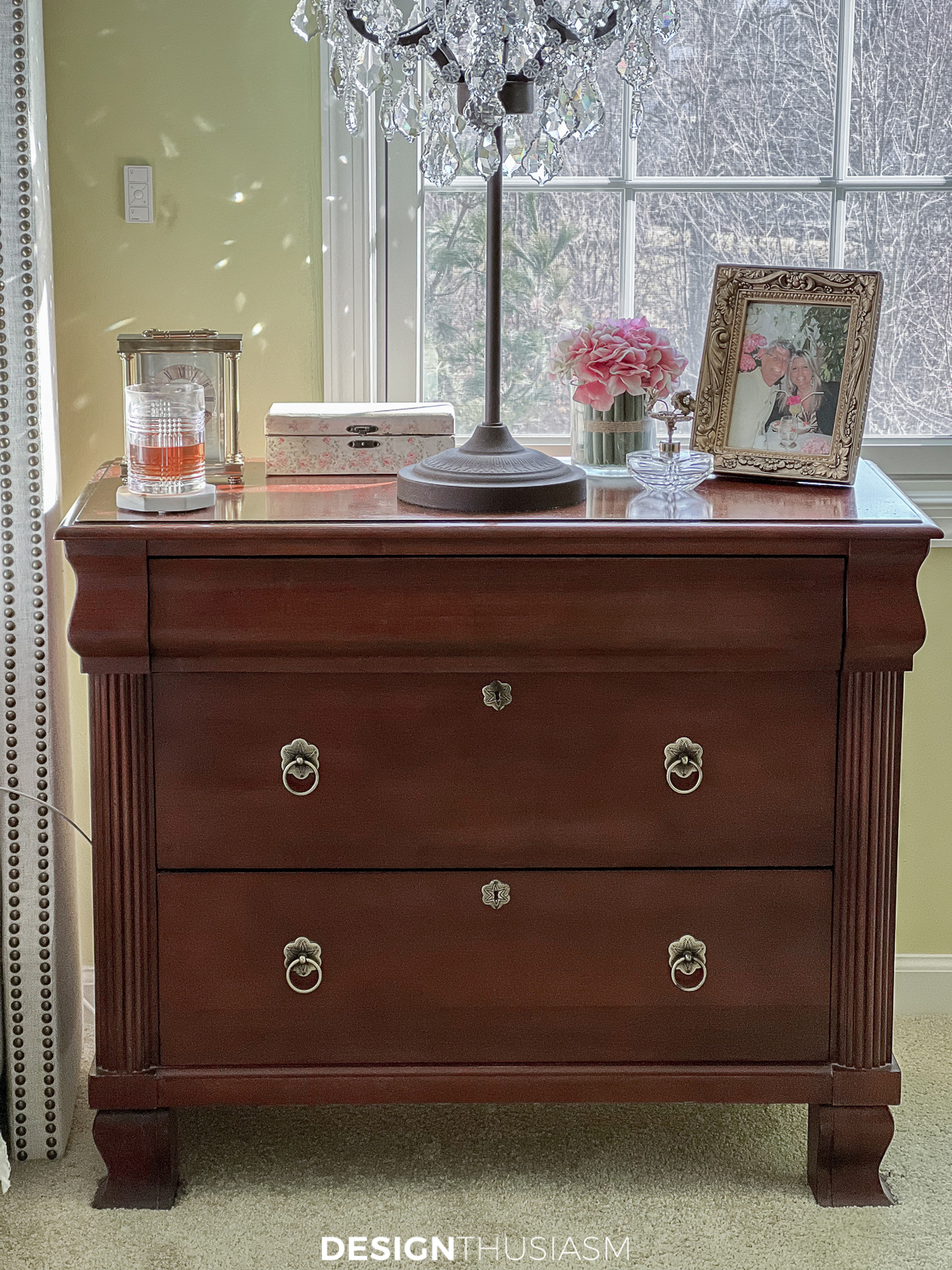 dark wood nightstand before painting