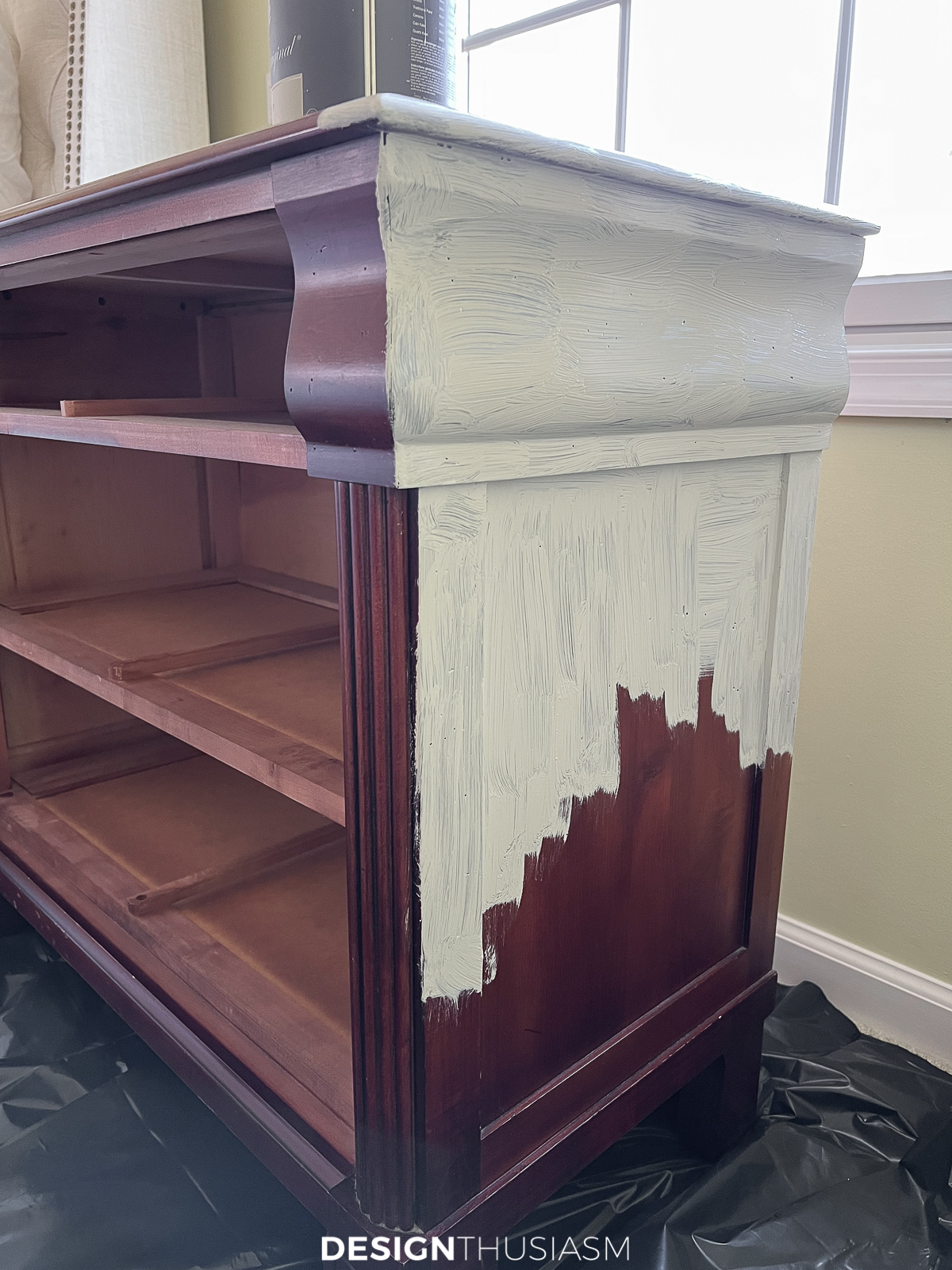 dark wood nightstand first coat of chalk paint